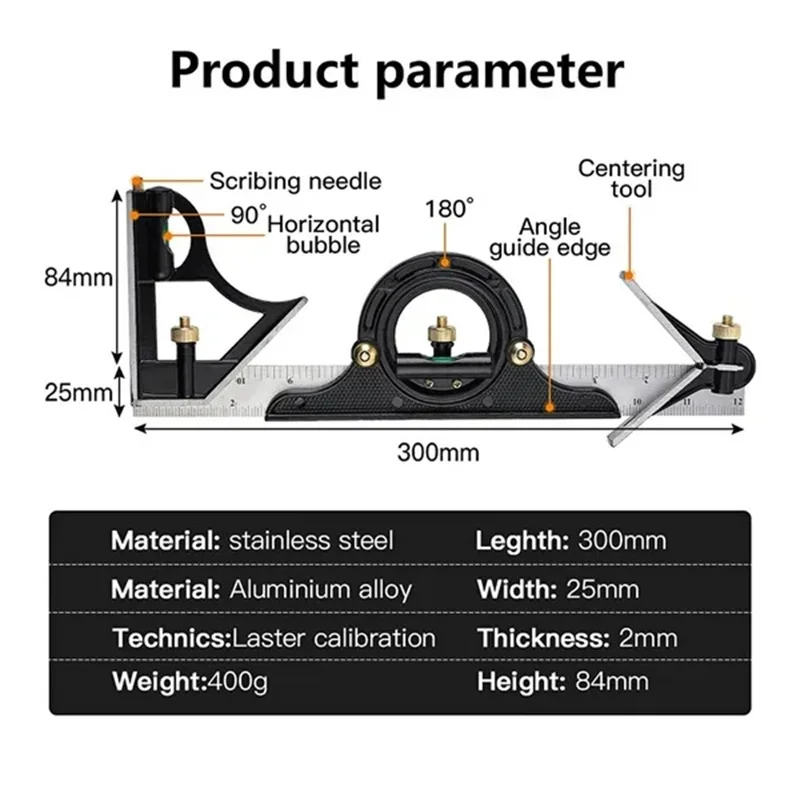 Square Right Angle Ruler Protractor Movable Square Woodworking Angle Ruler Stainless Steel Measuring Tools Multi Combination Set 5