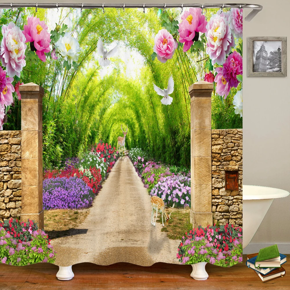 3D Printed Garden Flowers Scenery Polyester Bathroom Shower Curtain With Hooks 