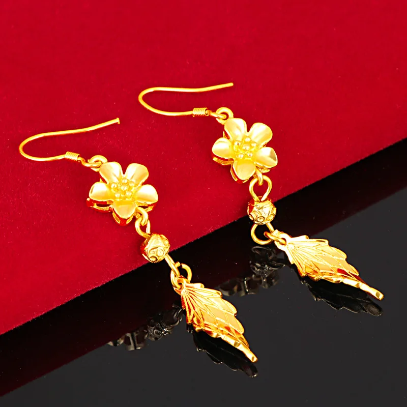 

Solid Gold Earrings Women's Yellow Gold 24k Vintage Bridal Fashion Rose Tassel Earrings