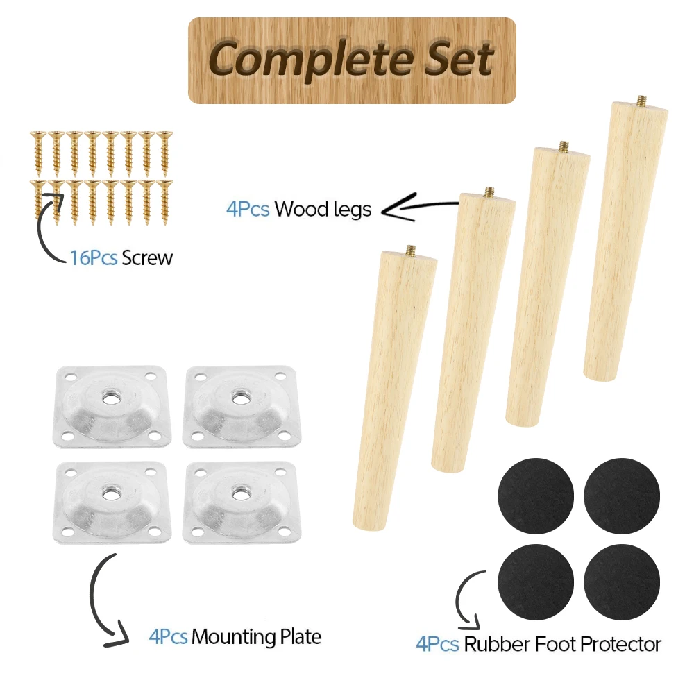 4/8Pcs Wooden Furniture Legs 8/15/20/25cm Oblique/Straight Table Feet Non-slip Chair Feet with Accessory Protective Pad for Sofa