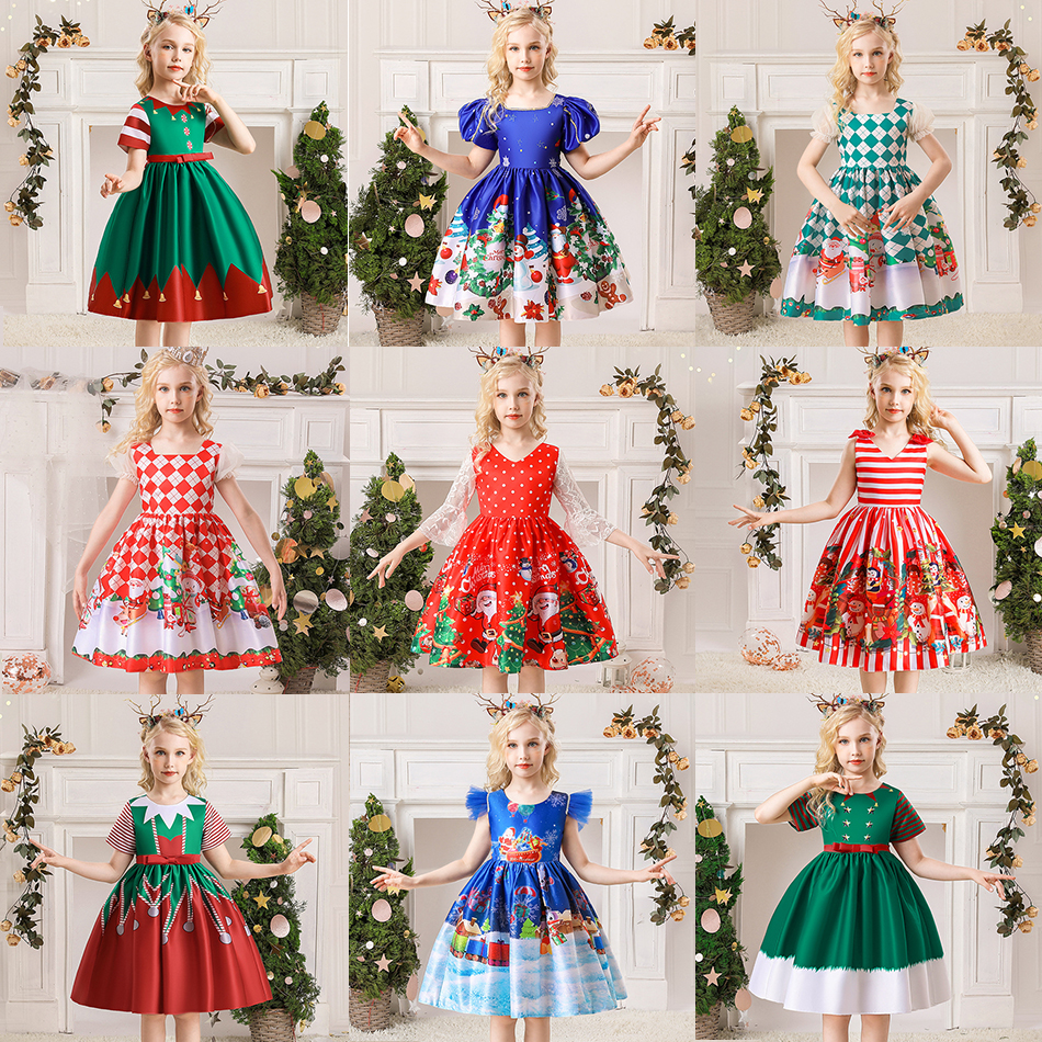 Christmas Dresses Kids New Year Party Santa Claus Snowman Print Cosplay Costume Girls Xmas PresentÂ Princess Theme Party Dress