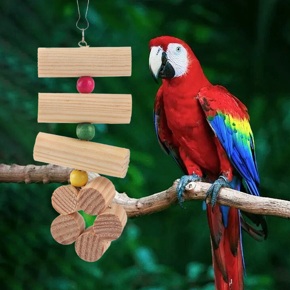1 PC Natural Wooden Parrot Swing Chew Toys with Random Color Beads Fun Hanging Molar Toy for Pet Bird Hamster Chinchilla Rabbit