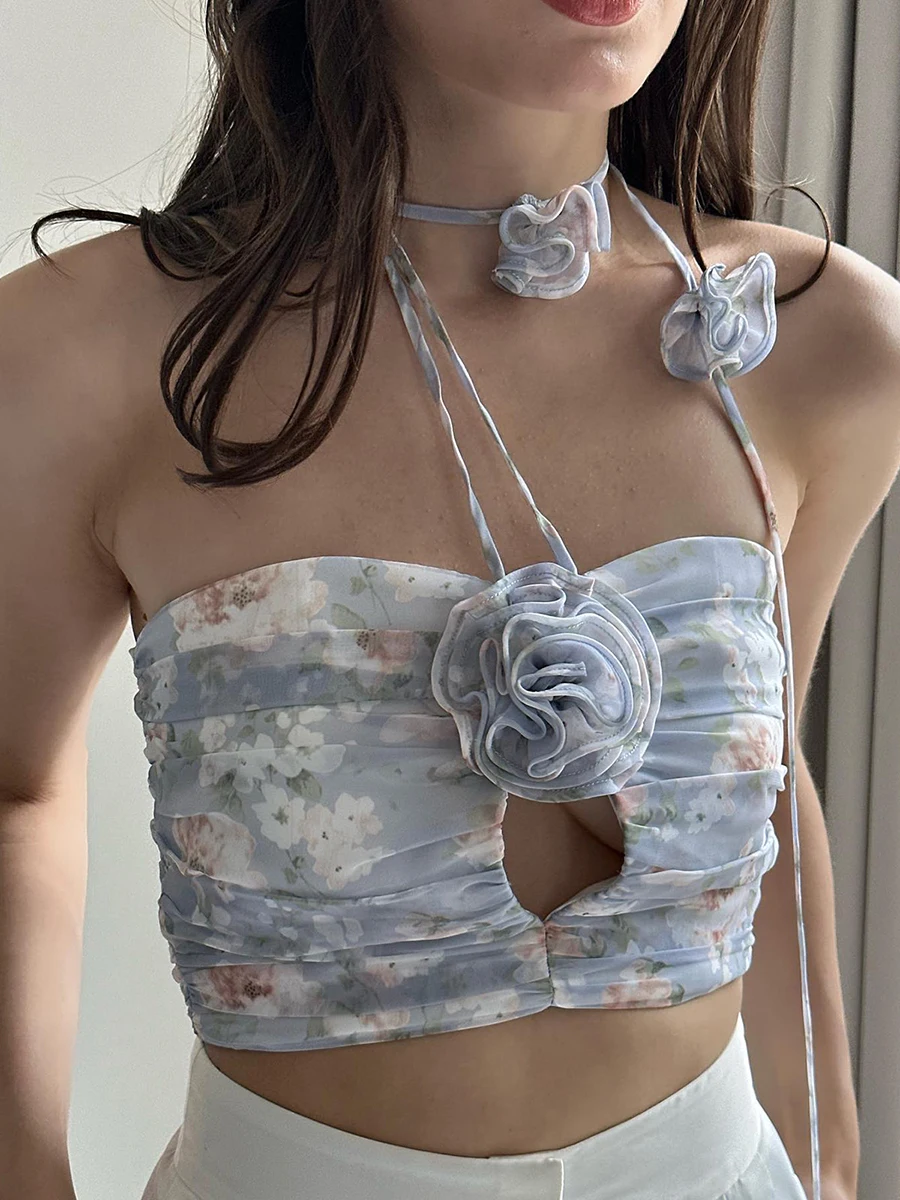 

New Mini Sling Vest Slim Women Halter Ruffle Crop Cami Tops Sleeveless Open Back Cutout Floral Print Camisole Shirt Sexy Tanks