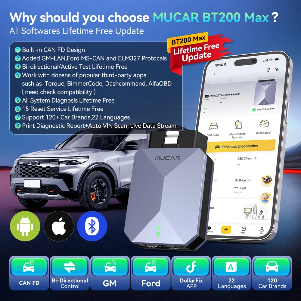 Lifetime Free Update MUCAR BT200 Max OBD2 Scanner CAN FD Bi
