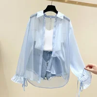 Smvp chemisiers en mousseline de soie pour femmes été mince ample boutonné crème solaire chemise femme mode coréenne nœud à lacets chemises à manches longues 1