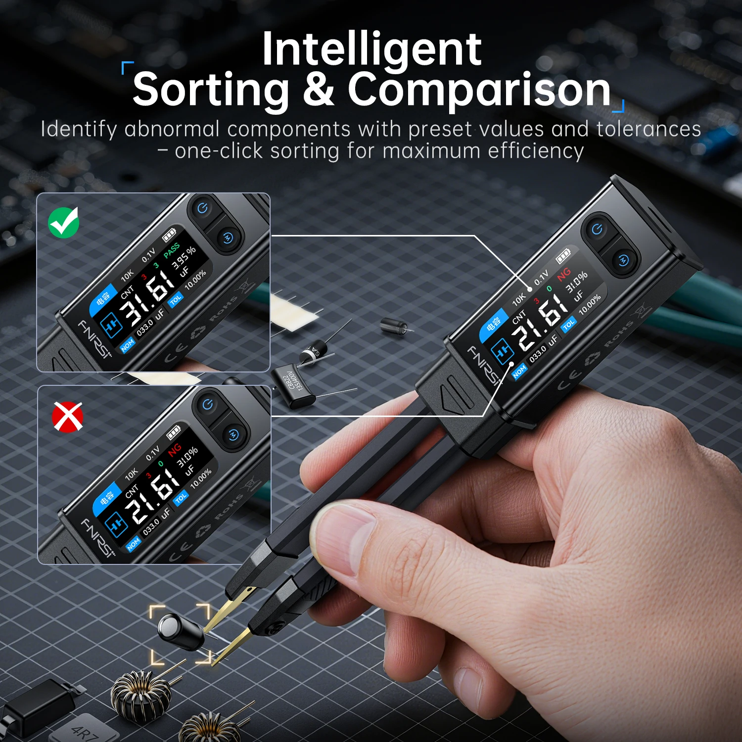 FNIRSI LCR-ST2 스마트 핀셋 SMD ESR 테스터 고정밀 LCR 다이오드 다중 주파수 100Hz-100kHz 정밀 측정 2모드 디스플레이