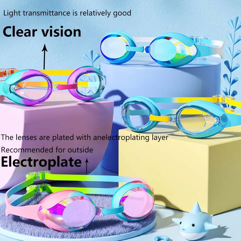Kids Swimming Goggles Anti-fog Waterproof HD View Children Swim Goggles for Boys and Girls Electroplate and Clear Lens to Choose 2