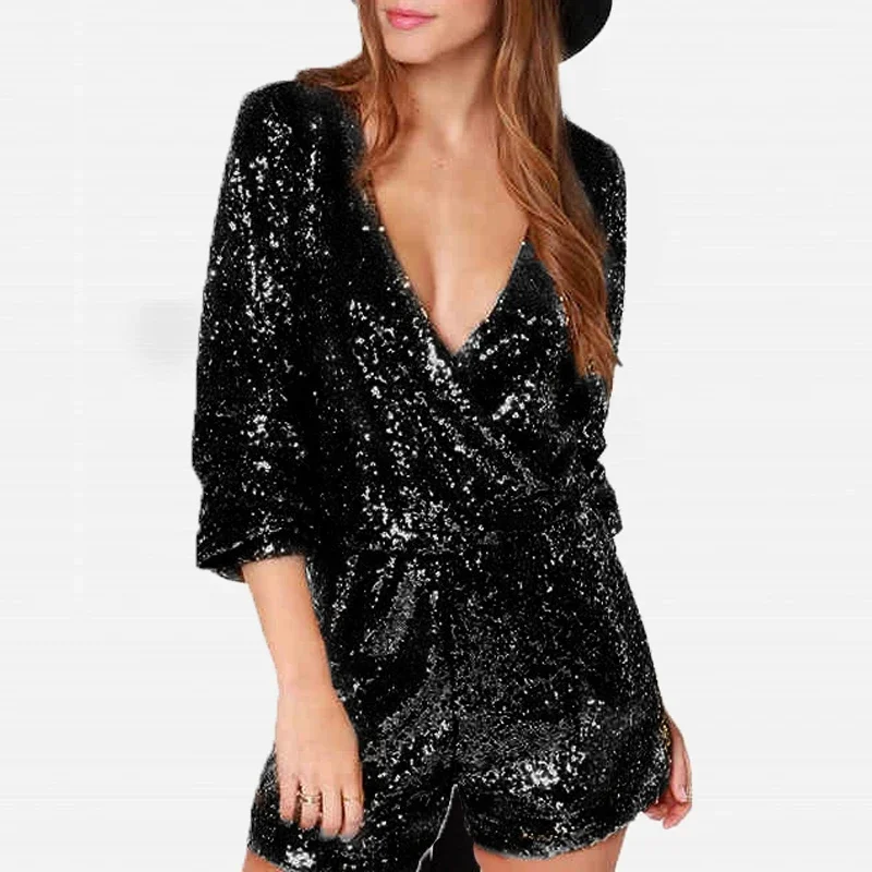 

Sexy Wrap V-neck Hollow Party Romper Women Spring Glitter Sequin Sharkly Short Jumpsuit New Spring Long Sleeve Playsuit Overalls