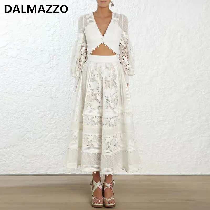

DALMAZZO New Spring Autumn Fashion Lace Women Skirt Suits V Neck Lantern Sleeve Short Tops + High Waist Long Skirt 2 Piece Sets