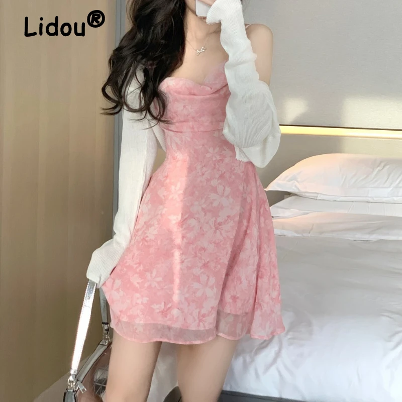 Floral Pink Chiffon Slip Dress 2022 Spring Summer Sweet Style Dress