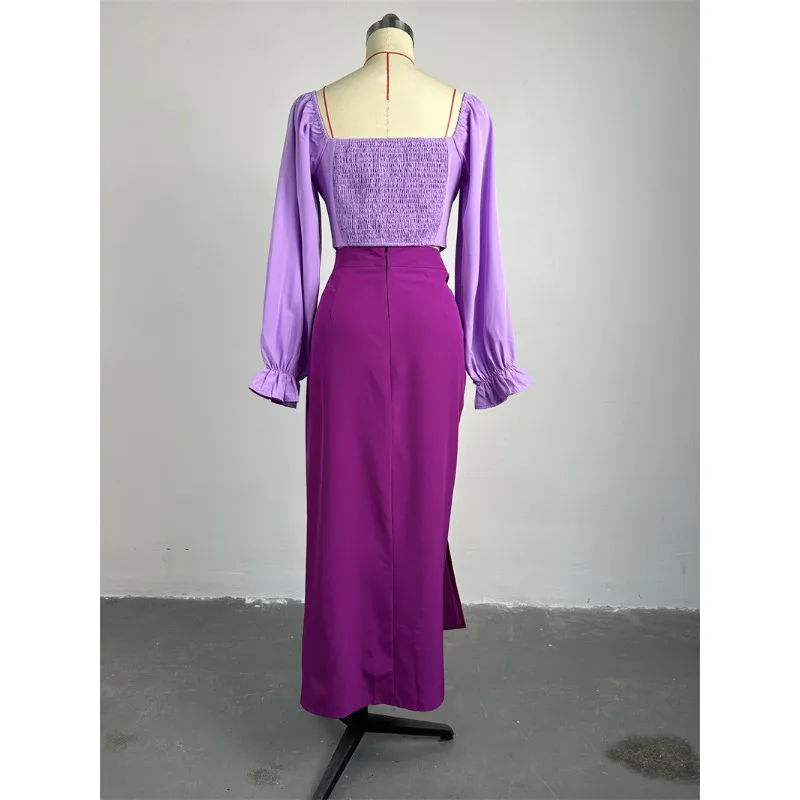 2024 Spring New Women's Fashion Square Neck Flare Sleeves Short Top & Split High Waist Skirt Set Female Casual Two Piece Outfits
