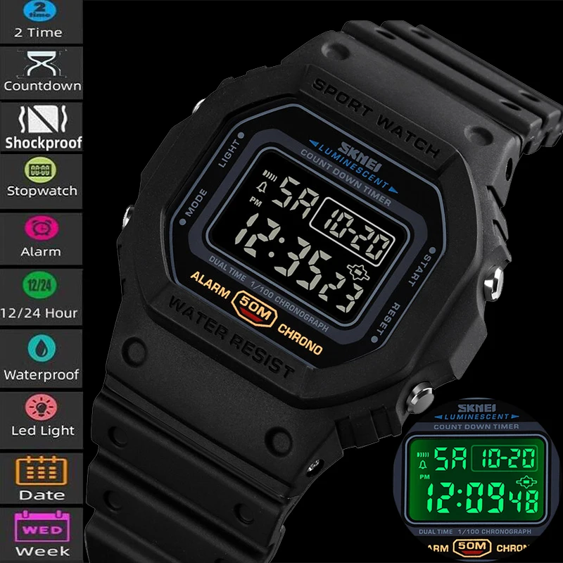 

Skmei Brand Outdoor Sports Men Watches LED Digital 50m Waterproof Chrono Countdown Electronic Male Wristwatches Reloj Hombre