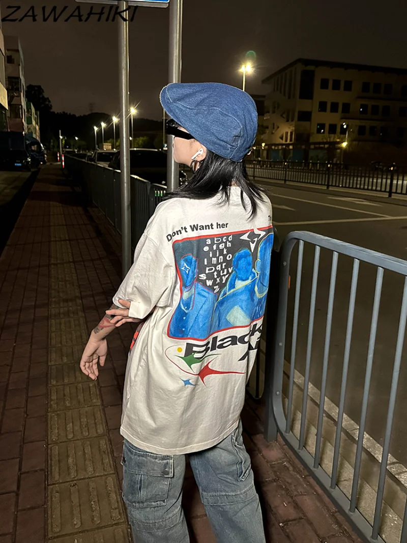

Puck Letter Grunge Graphic Print Washed Distressed Women Shirt High Street American Retro Short Sleeve Lovers New Fashion Top