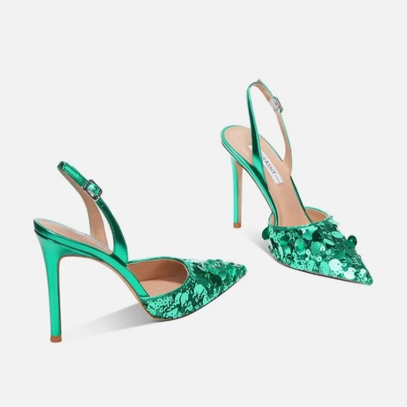 Summer new pointed candy color back trip with sequins single shoes thin high-heeled banquet dress small size women's sandals