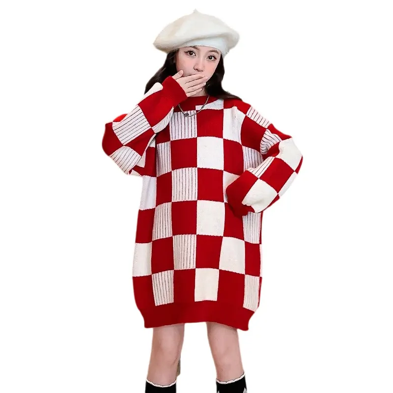 

Fashion Long Style Plaid Pattern Sweater for Teen Girls 2023 Autumn New Arrival Soft Knitwear Clothes Child Casual Warm Costumes