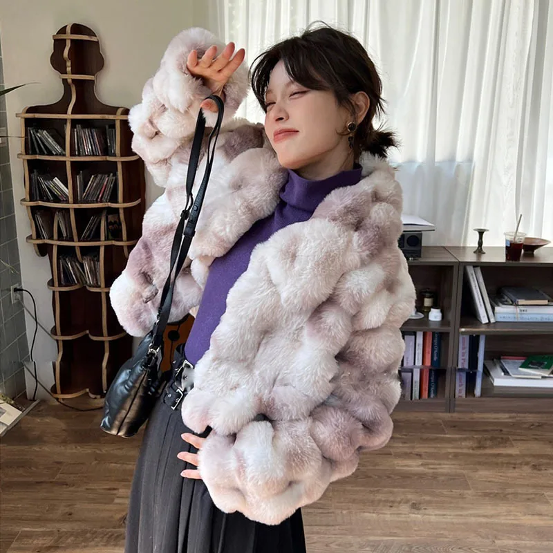 

Fashion Tie-dye Gradient Faux Rabbit Fur Jacket Women Casual Lapel Ox Horn Buckle Long Sleeve Winter Short Imitation Fur Jackets