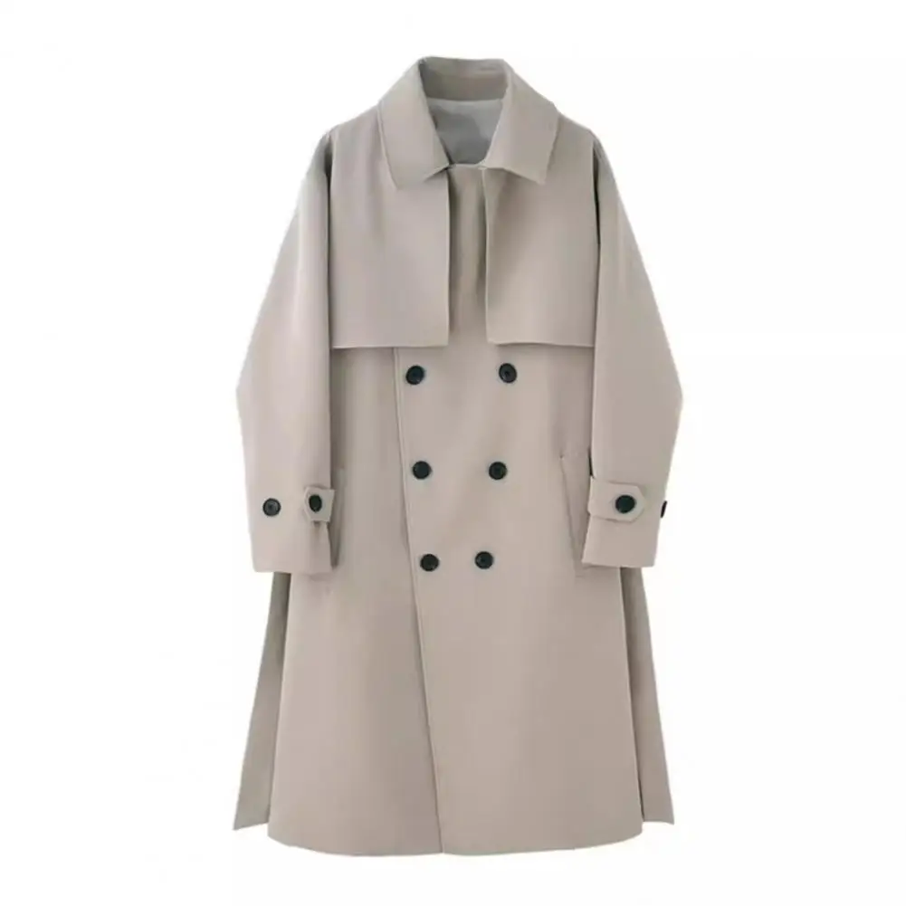 Men Windbreaker Coat Lapel Long Sleeve Double Breasted Trench Coat with Pockets Solid Color Loose Fit Autumn Winter Mid-length O