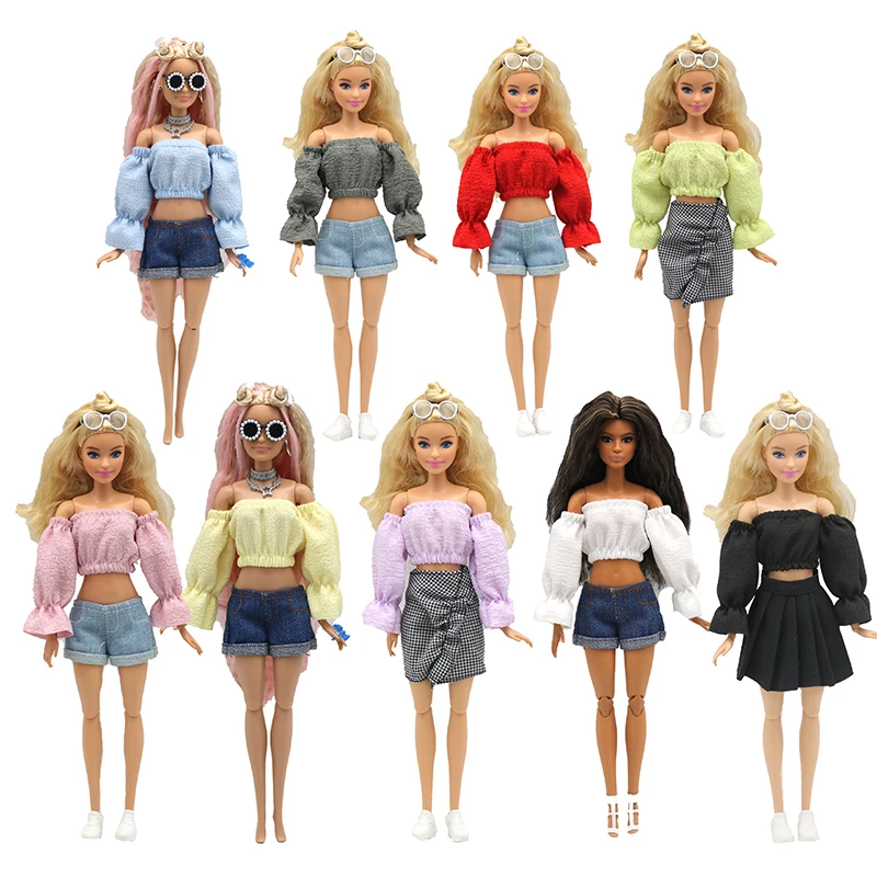1Pcs Summer Doll Clothes White T-shirt Pleated Skirt  Plaid Dress Suit and Denim Shorts Accessories for Barbie 6