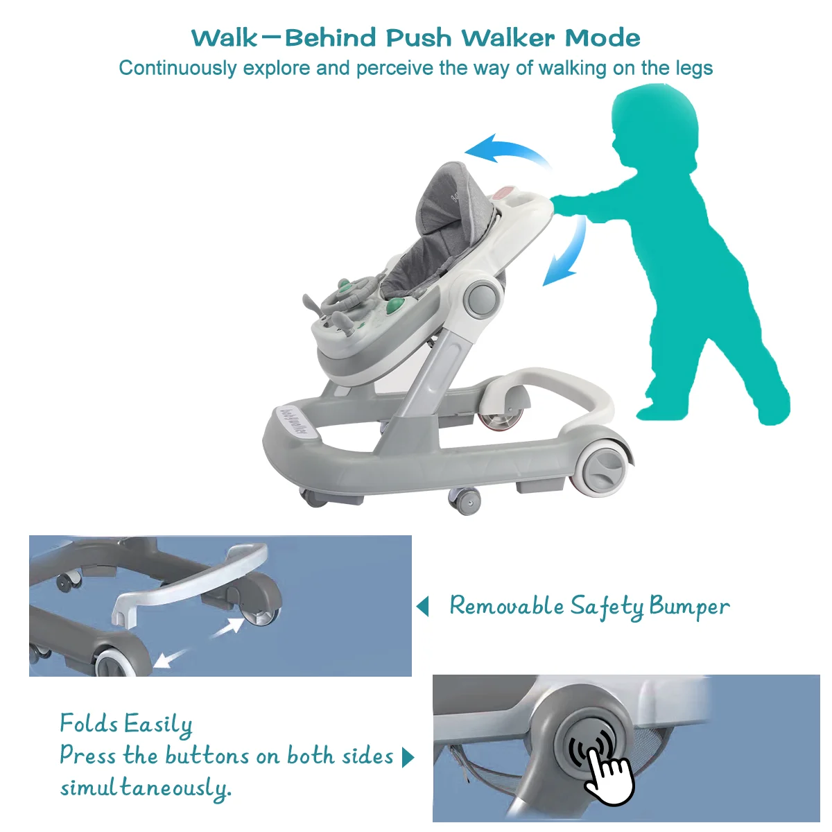 UBRAVOO Push Walker with Detachable Feeding and Music Trays, Foldable Learning Toy for Infants and Toddlers, 2 In 1 Walker 3