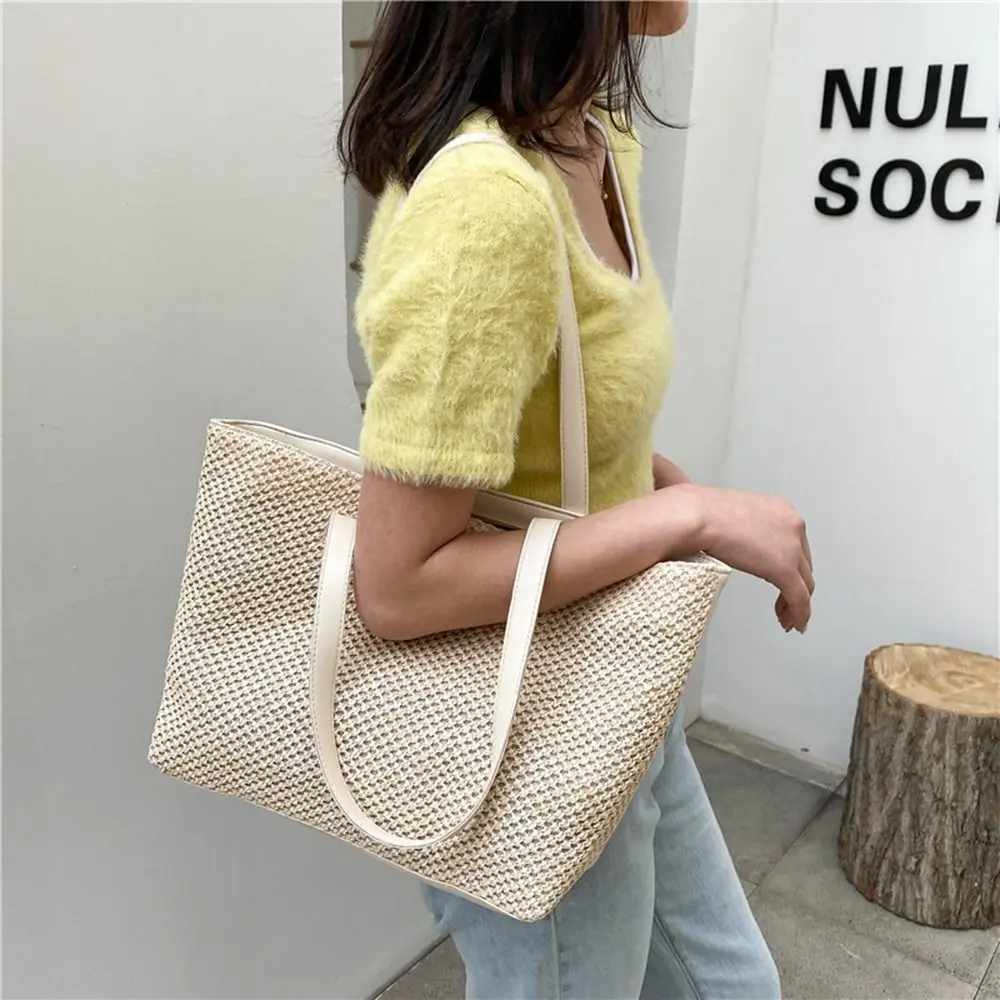 

Повседневная дорожная женская сумка-тоут из искусственной кожи, вместительная сумка на плечо, Пляжная соломенная сумочка