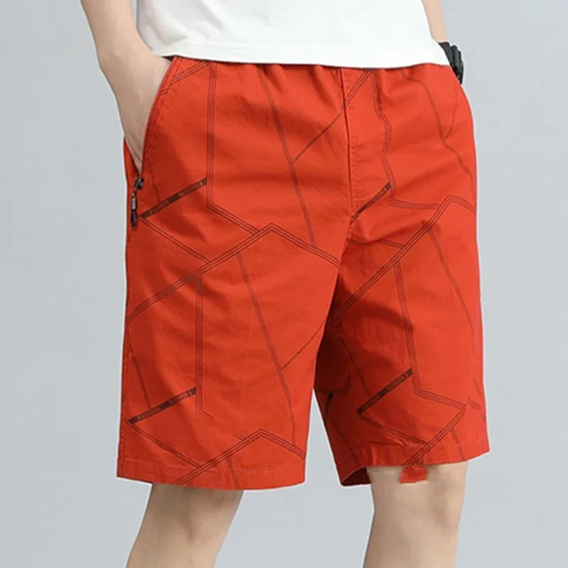 Minimalist and Fashion Korean Summer Pinstripe Geometric Men's Elastic Waist Zipper Pocket Casual Loose Knee Length Shorts