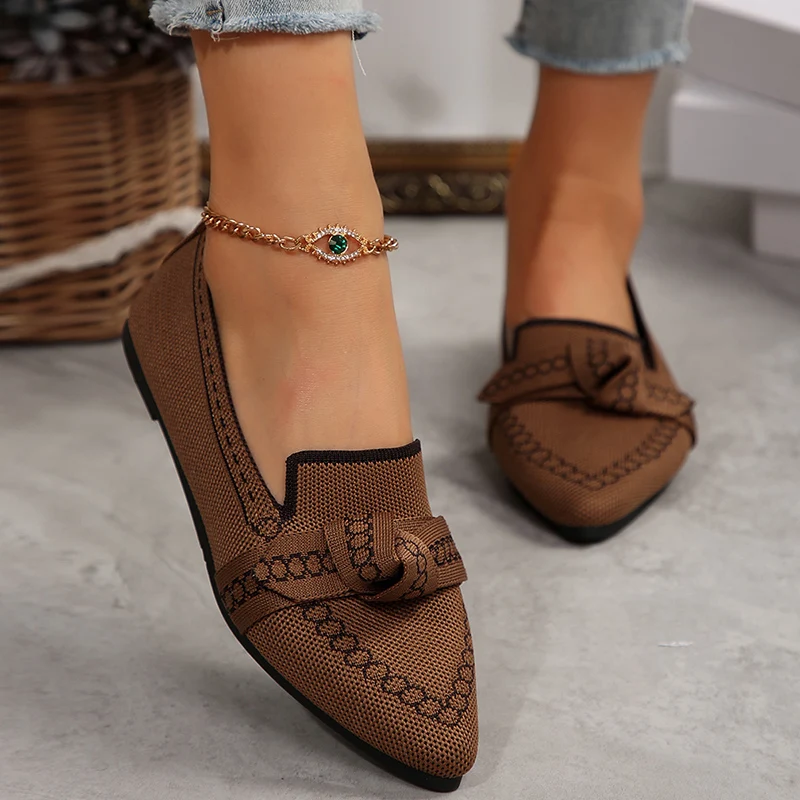 Rimocy Women Flats 2025 New Knitted Mesh Breathable Loafers Soft Comfort Pointed Toe Casual Shoes Trend Bow Decor Woman Shoes 3