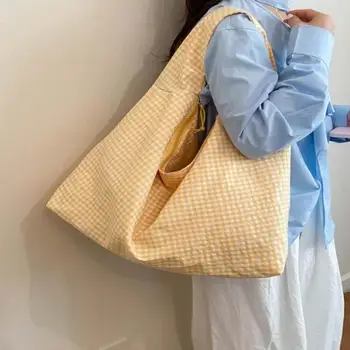 Borsa tote hobo in tela gingham gialla, grande capacità, chiusura con zip, per shopping quotidiano, viaggi, scuola