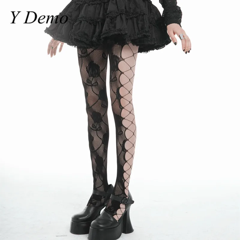 

Y Demo 3 pairs Sexy Gothic Hollow Out Roses Floral Fishnet Stockings For Women Stretchy Party Tights Punk