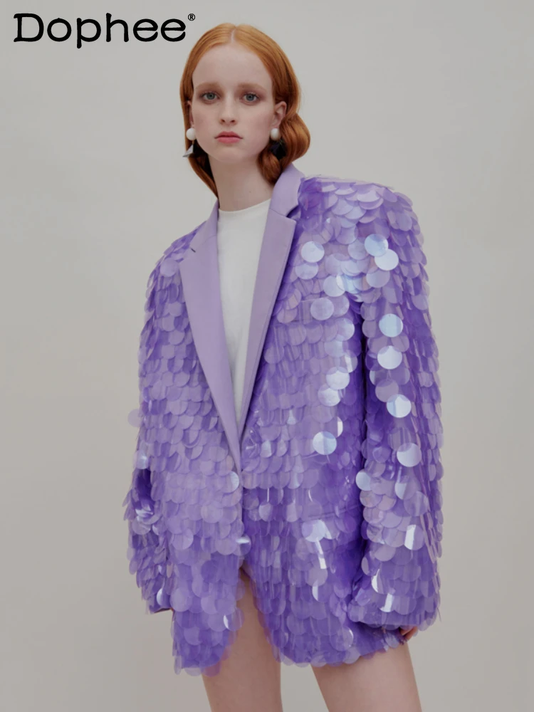 

Женский блестящий пиджак, однотонный пурпурный блейзер с длинными рукавами и отложным воротником, весна-осень 2024