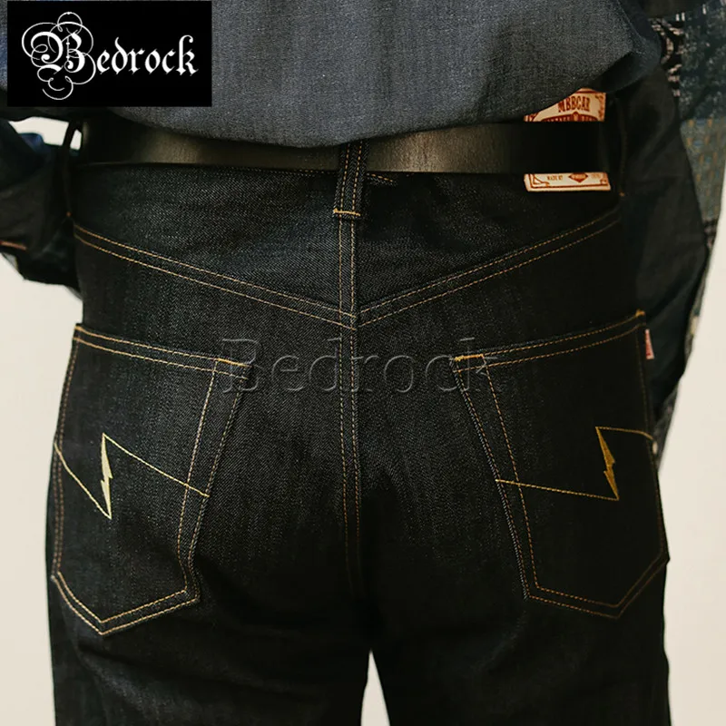 MBBCAR original design vintage black 14oz selvedge denim jeans for men button fly cotton unwashed blue slim straight pants 7701 6