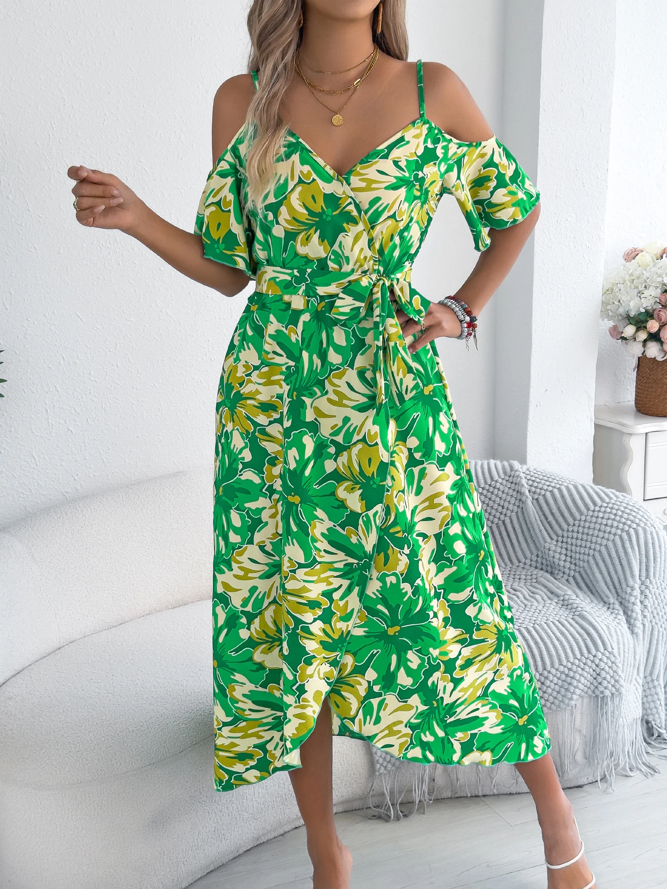 Women Floral Print Off Shoulder Long Dress