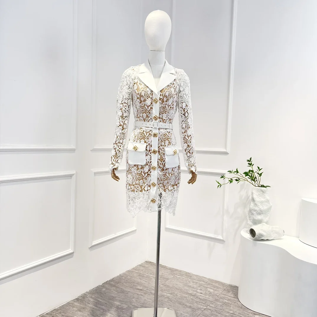

Women Top Quality White Spring Summer Long Sleeve Hollow Out Lace Embroidery Golden Buttons Mini Dress 2024 New