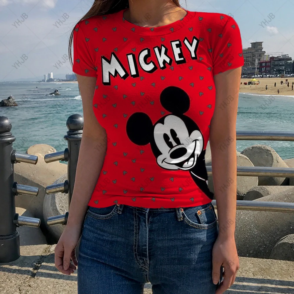 

Fashion Women's Shirts 2023 New Disney Mickey Mouse Print Short Sleeve T-shirt Tight T-shirt Summer Y2K Clothing