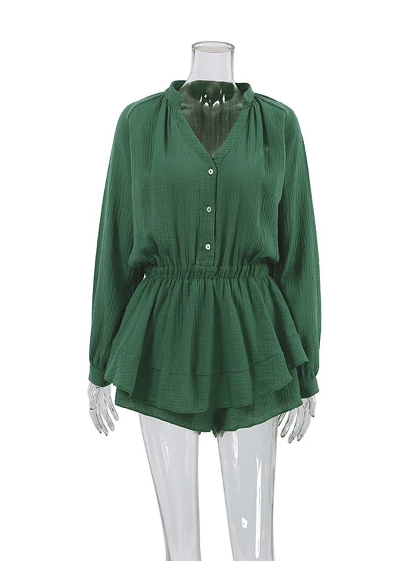 Marthaqiqi Green Loose Comfort Female Sleepwear Sexy V-Neck Nightwear Long Sleeve Nightgowns Casual Cotton Women'S Bodysuit