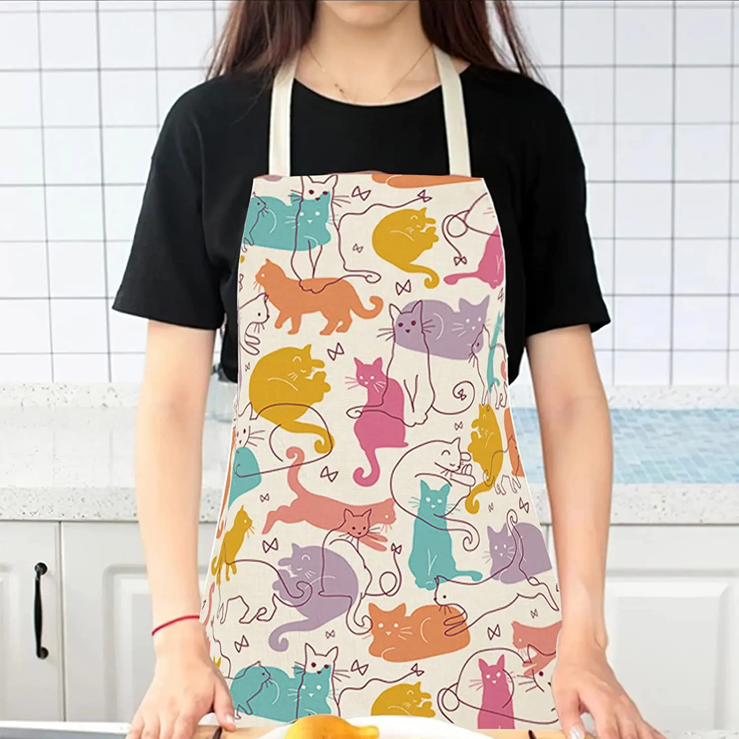 Japanese Cute Lucky Cat Apron Women Cotton Kitchen Bib Washable Cooking  Baking