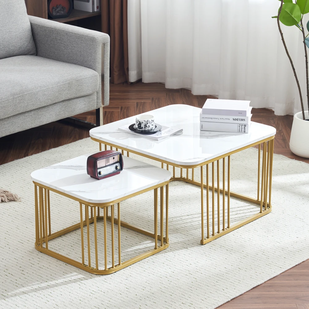 2 Sets quadratische Couchtische mit Hochglanzmarmoroptik, Schiebetische mit goldenen Beinen, 70 x 70 x 45 cm und 50 x 50 x 36,5 cm, vielseitig einsetzbar – Detail 19