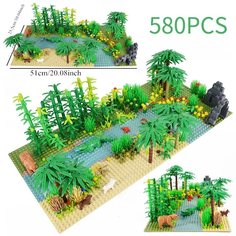 580pcs Build a Tropical Rainforest Scene with Classic Grain Base Plate Building Blocks Accessories Pack for Kids Children