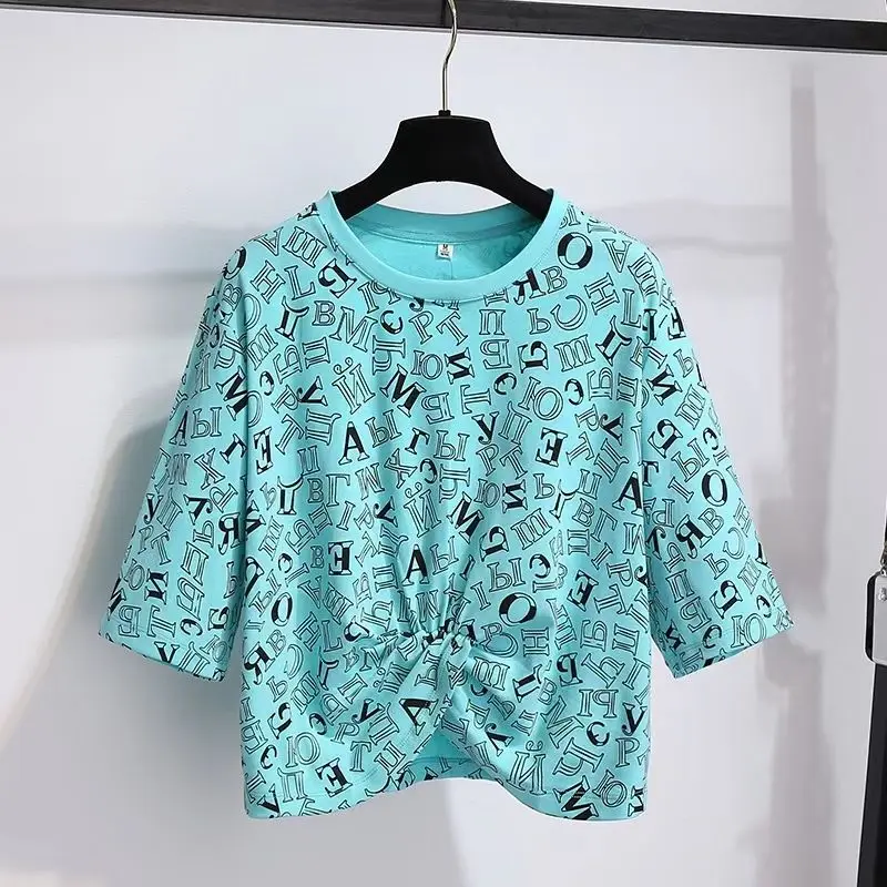 

2023 New Summer Fashion Trend Minimalist Round Neck Printed Hem Knotted for Slimming Coverage Three Quarter Women's T-shirt