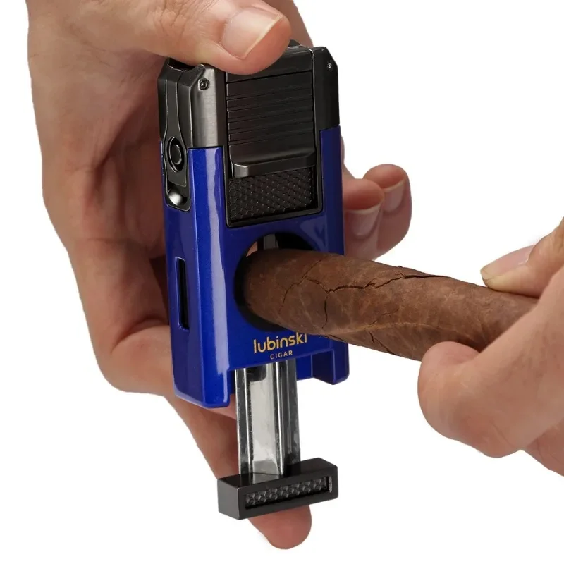 LUBINSKI 4-in-1 Cigar Turbo Lighter V-Type Cigar Cutter Cigar Punching Needle Metal 2-Torch Butane Gas Jet Lighter Men's Gifts 4