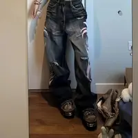 Y2K American Vintage Mottled Totem Print Baggy Jeans Women's High Waist Wide Leg Jeans Women's Harajuku Trendy Hip-hop Jeans - Image 3