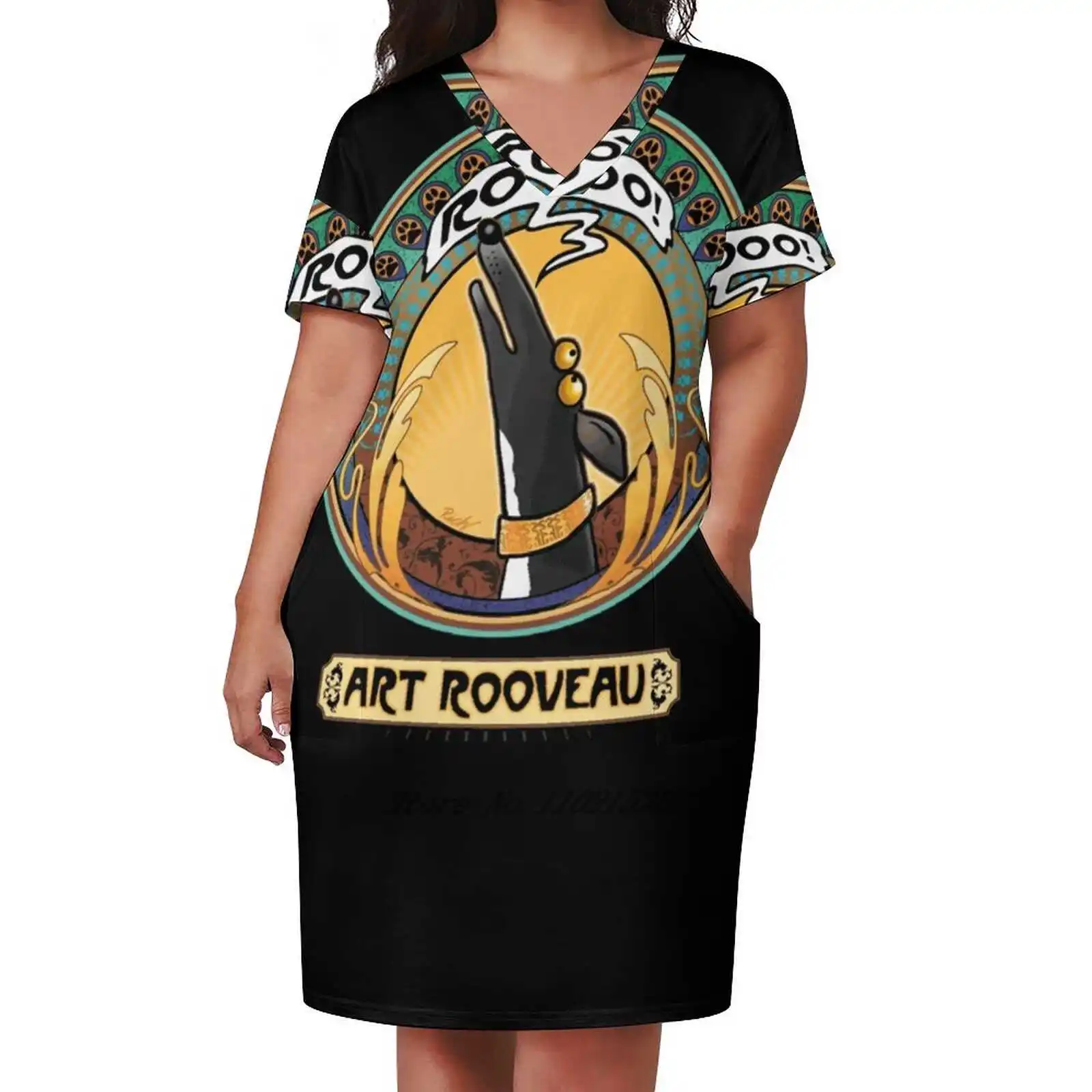 

Art Rooveau : A Exclusive Design Loose Pocket Dress Women'S Printed Dresses V Neck Casual Dress New Design Greyhound Whippet