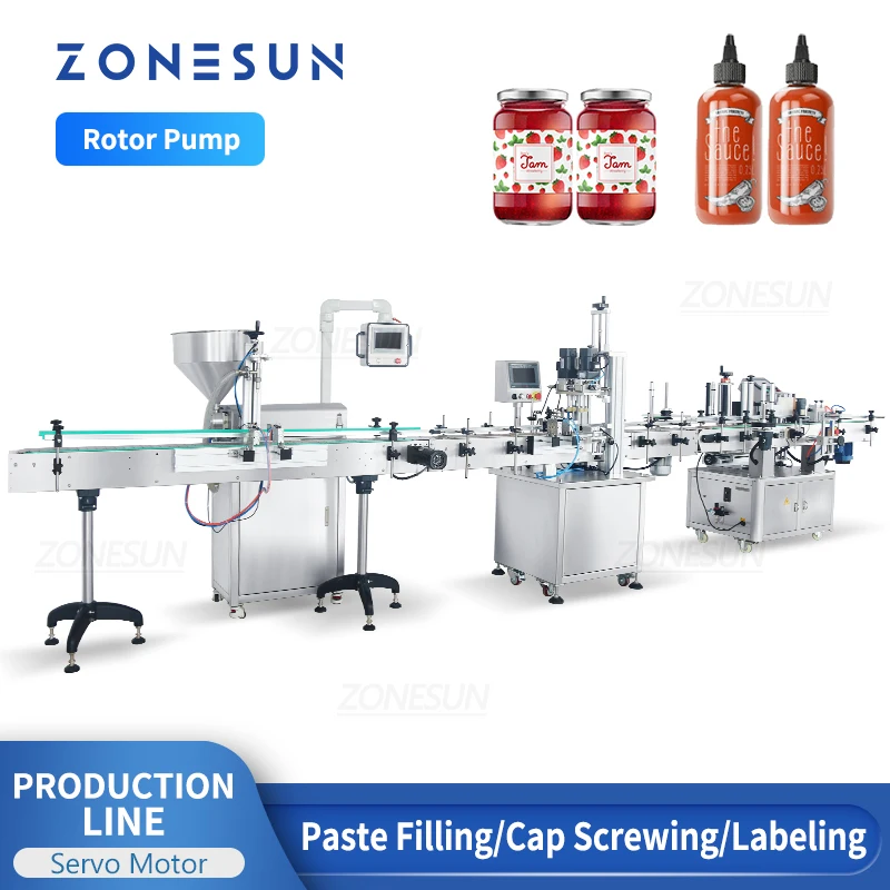 ZONESUN Servo Motor Production Line Paste Filling Screw Capping Round Bottle Labeling Machine Rotor Pump Gel Jam Honey Sauce