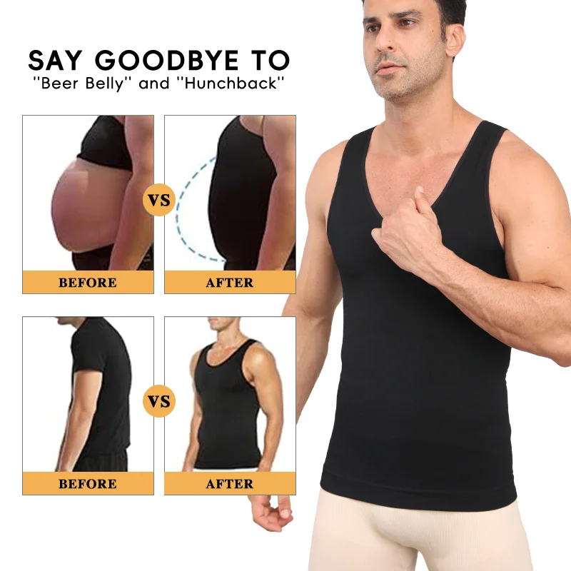 Mens Slimming Shapewear Sleeveless Compression Shirt Round Neck Seamless Waist Trainer Tank Top Belly Control Fitness Workout