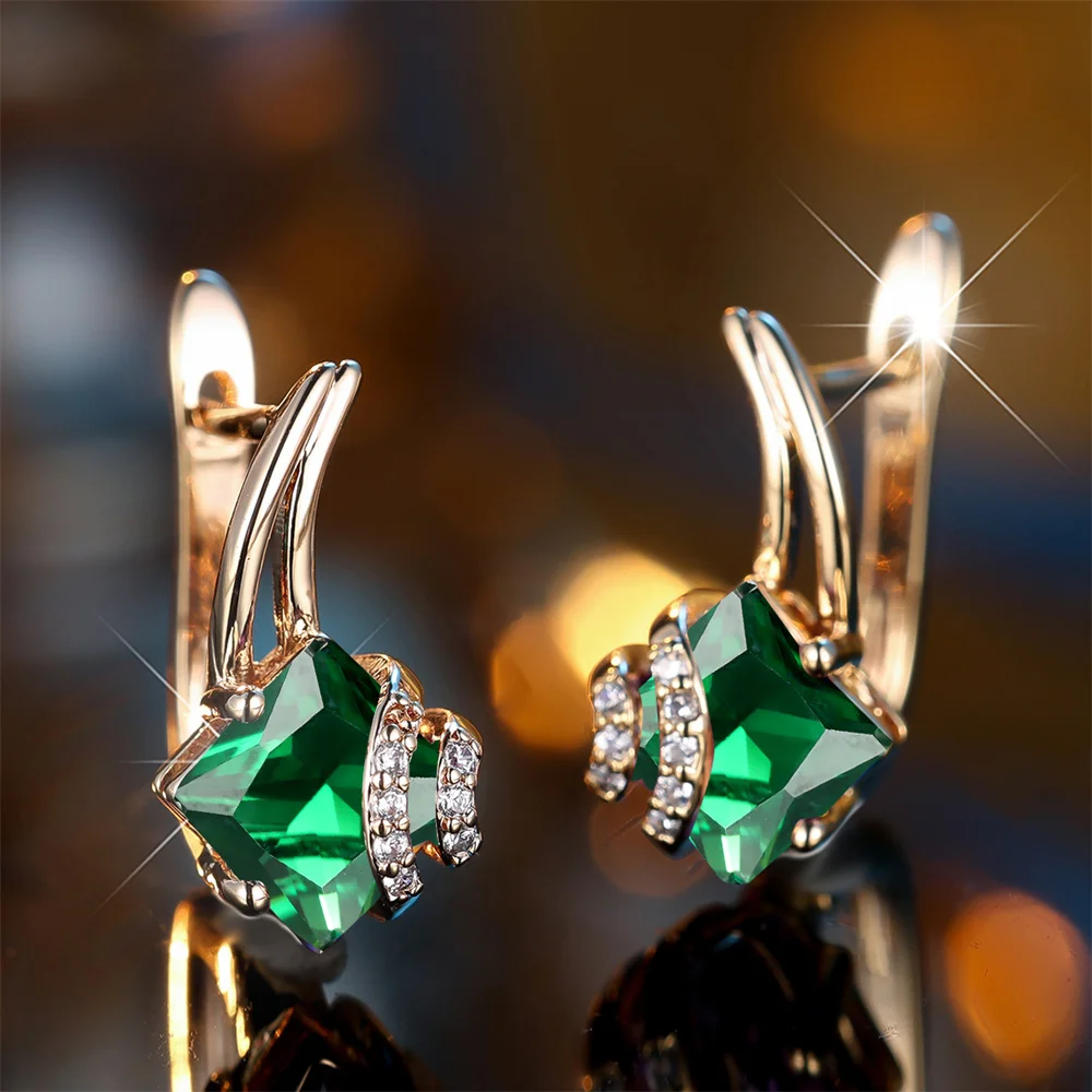 Cute Green Crystal Square Stone Geometric Hoop Earrings For Women Vintage Gold Color Ear Buckle Wedding Jewelry Engagement Gifts