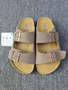 Vintage Style Unisex Double Buckle Flat Beach Slide Sandals with Cork Insole – Casual Comfort for Summer