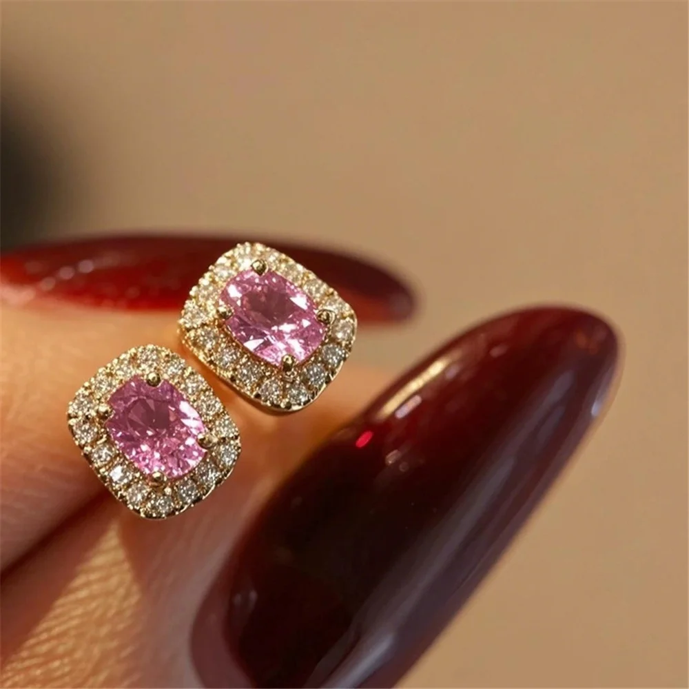 Female Cute Small White Pink Zircon Stone Stud Earrings Vintage Gold Color Wedding Party Gift Jewelry For Women
