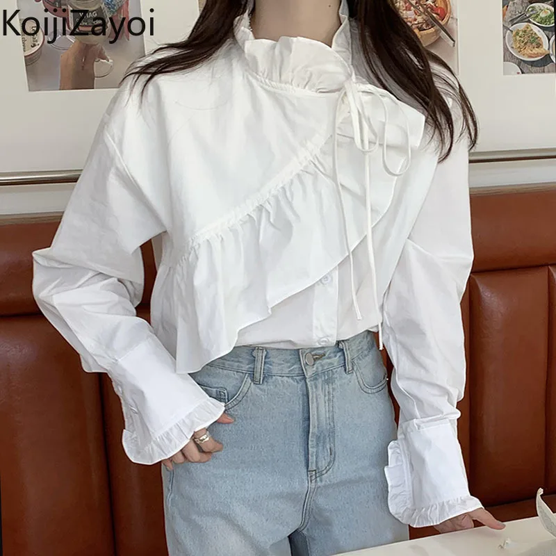 

Koijizayoi Spring Autumn Women Fashion Shirt Long Sleeves Ruffles Lace-up Cropped Blouse Slim Lady Korean Blsuas 2022 New Tops