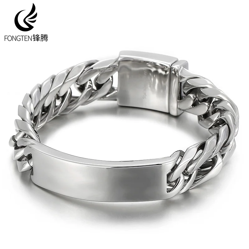 Fongten Quadrat Edelstahl Charm Armband für Männer Hip Hop kubanische Kette gebürstet Armreif Armbänder Schmuck Großhandel Weihnachten