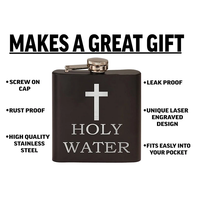 168ml Cross Pattern Holy Water Bottle Black Stainless Steel Hip Flask Portable Alcohol Whiskey Wine Pot Screw Cap