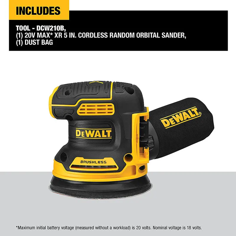 Фото Орбитальная шлифовальная машина DEWALT DCW210B, литиевая батарея 20 в, бесщеточная, 5 дюймов, ручная шлифовальная машинка с вибрацией, 8000 ~ OPM №4